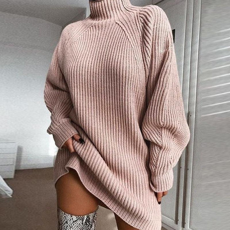 Solid Turtleneck Long Sweater Winter Warm Women Sweater Dress.