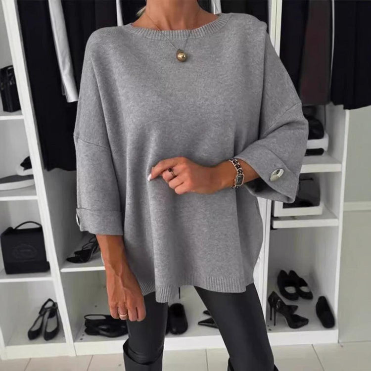 Solid Round Neck Knit Top.
