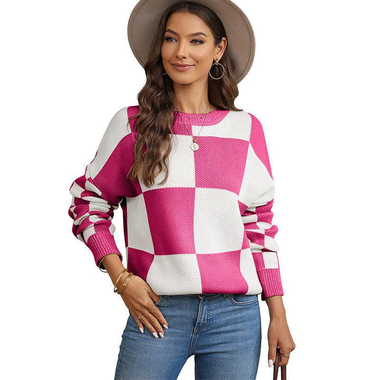 Thickened Pullover Women European And American Leisure Plaid Block Stitching Long Sleeve Sweater Women.