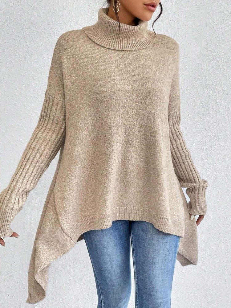Irregular Turtleneck Sweater Winter Loose Long Sleeve Knitted Tops Leisure Warm Pullover Sweater Women&