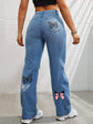 High Waisted Straight Leg Jeans For Women Trendy Butterfly Print Ripped Distressed Denim Pants.