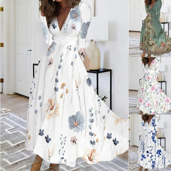 Fall V-neck Printed Dress