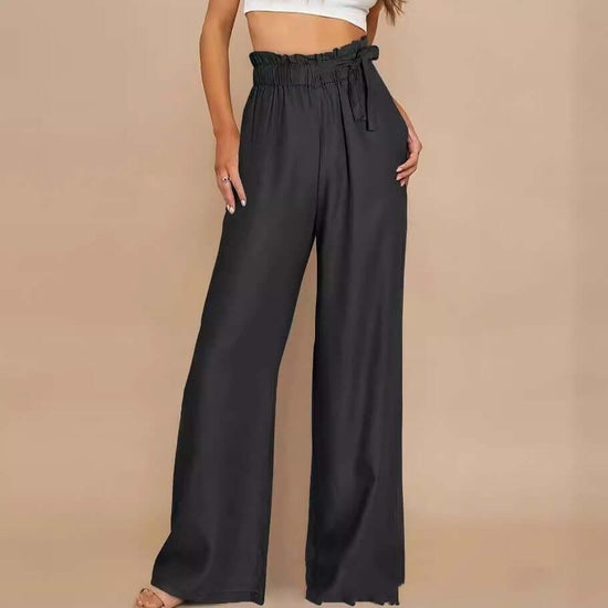 Plus Size Solid Color Loose Lace-up Wide Leg Trousers.