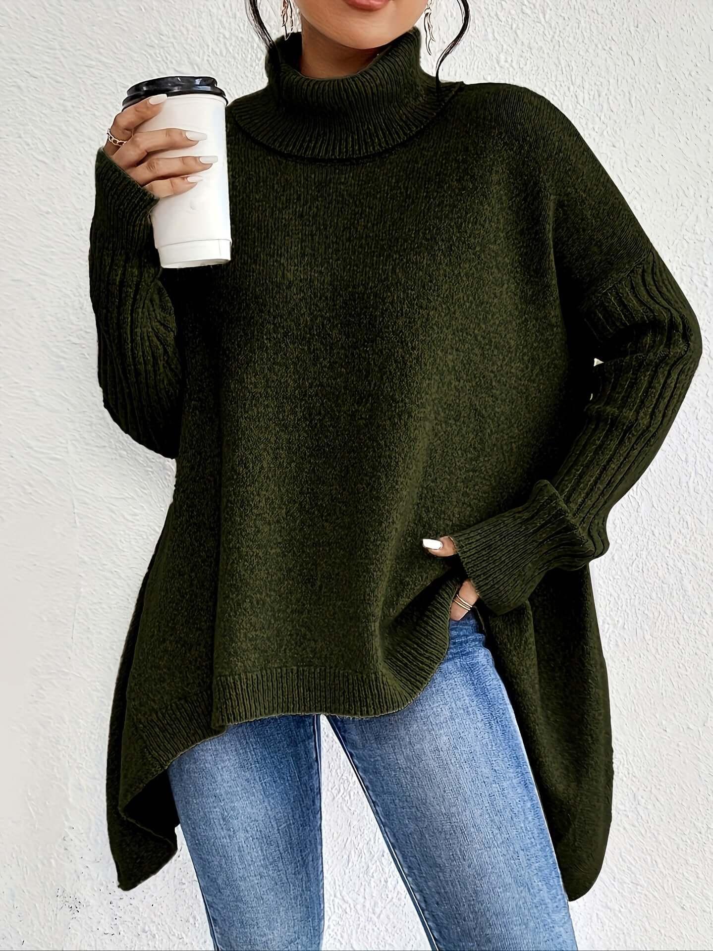 Irregular Turtleneck Sweater Winter Loose Long Sleeve Knitted Tops Leisure Warm Pullover Sweater Women&