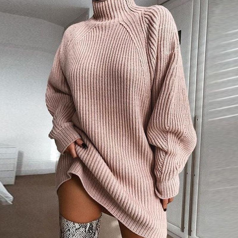 Solid Turtleneck Long Sweater Winter Warm Women Sweater Dress.