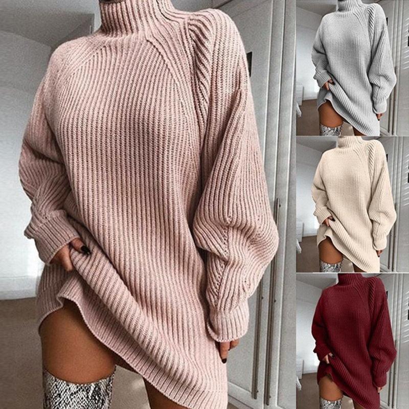 Solid Turtleneck Long Sweater Winter Warm Women Sweater Dress.