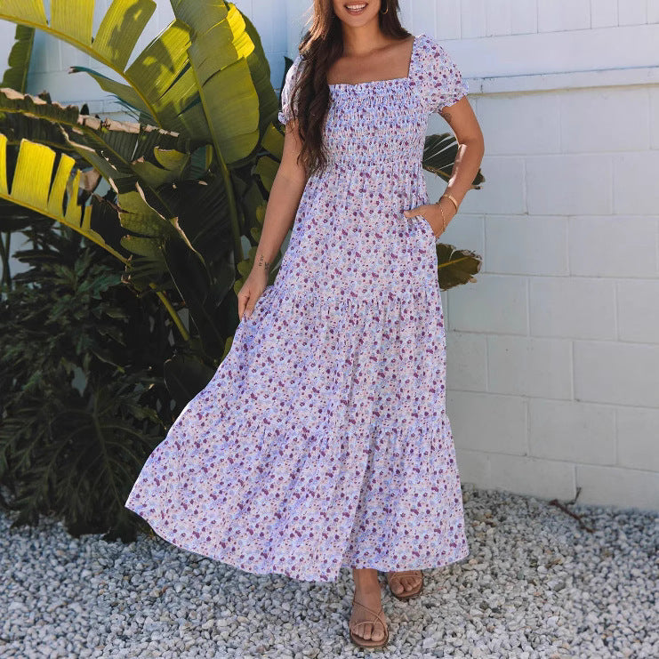 Fashion Smocking Printed Pocket Women's Dress