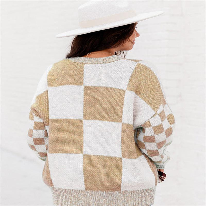 Thickened Pullover Women European And American Leisure Plaid Block Stitching Long Sleeve Sweater Women.