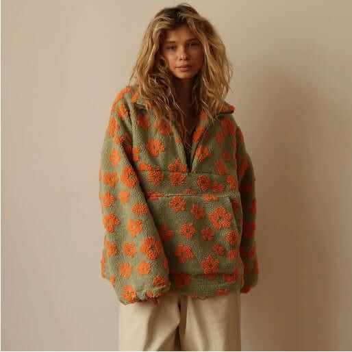 Winter Flowers Lambskin Sweatshirt With Big Pocket Casual Loose Zip-up Lapel Pullover Top Women&