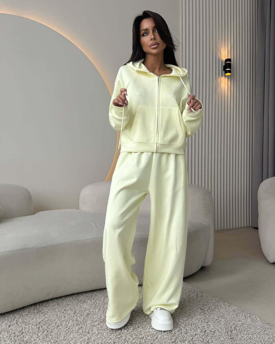 European And American Solid Color Long Sleeve Zipper Cardigan Hoodie Lace-up Trousers Two-piece Set.