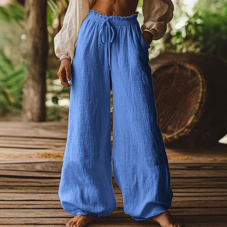 Fashion Casual Loose Artistic Pocket Drawstring Elastic Waist Wide Leg Pants.