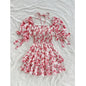 Women's Puff Sleeve Square Neck Smocked Dress Boho Floral Print Off Shoulder Ruffle Mini Short Dress