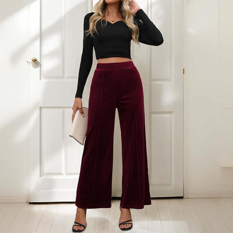 Casual Retro Style Solid Color Draping Effect Velvet Wide-leg Pants.