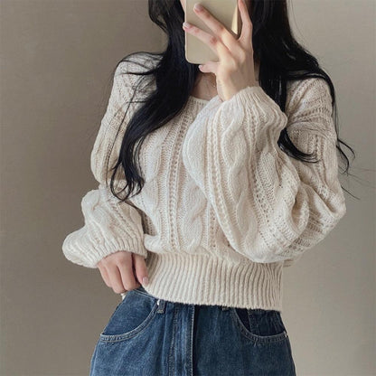 , Idle Style Solid Color Lantern Sleeve Square Collar Pullover Sweater.
