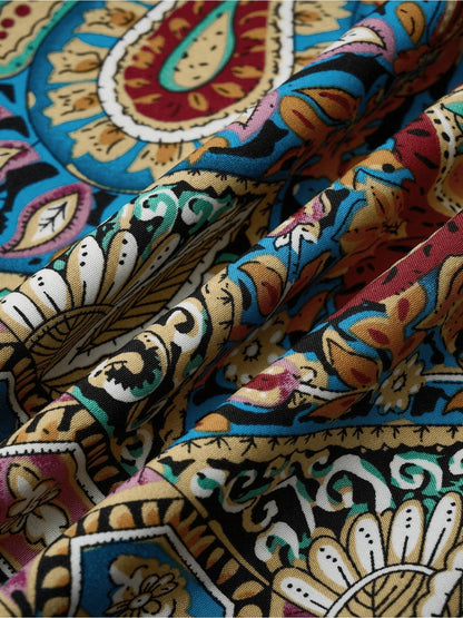 Women Print Maxi Dress High Waisted Cross Halter Neck With Tie Detail,Flowing Vacation Gown In Teal, Blue-Green & Brown Paisley   Pattern, Machine Washable, Summer Fashion Decorative Tie Detail