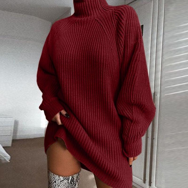 Solid Turtleneck Long Sweater Winter Warm Women Sweater Dress.