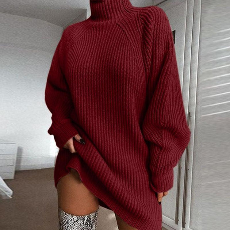 Solid Turtleneck Long Sweater Winter Warm Women Sweater Dress.