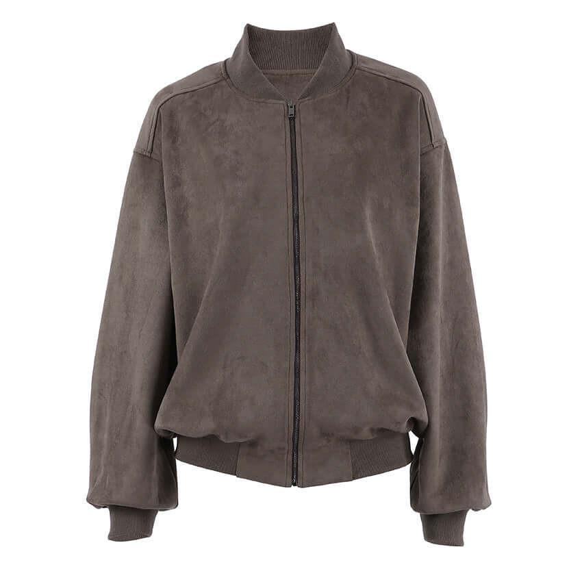 Suede American High Street Stand Collar Long Sleeve Bomber Zip Jacket.
