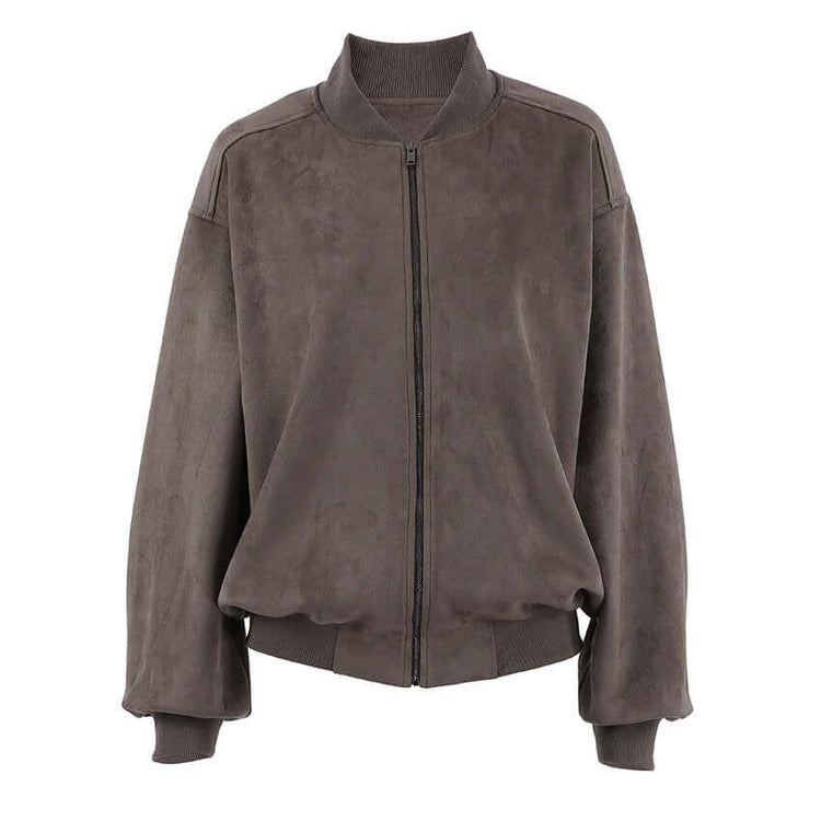 Suede American High Street Stand Collar Long Sleeve Bomber Zip Jacket.