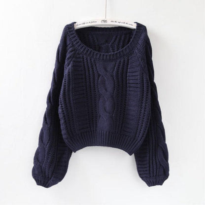 Pullover Loose Thick Line Short Puff Sleeve Sweater.