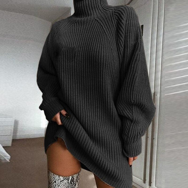 Solid Turtleneck Long Sweater Winter Warm Women Sweater Dress.