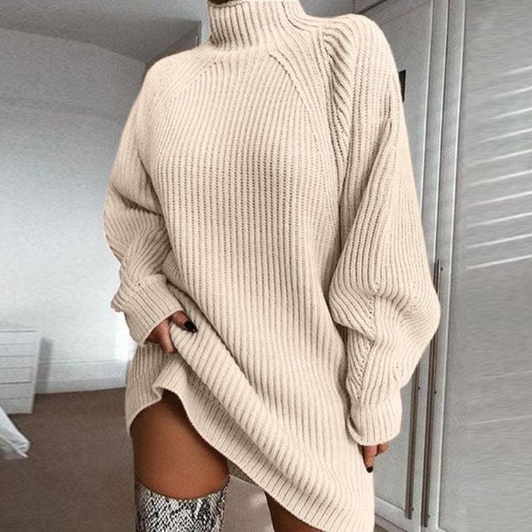 Solid Turtleneck Long Sweater Winter Warm Women Sweater Dress.