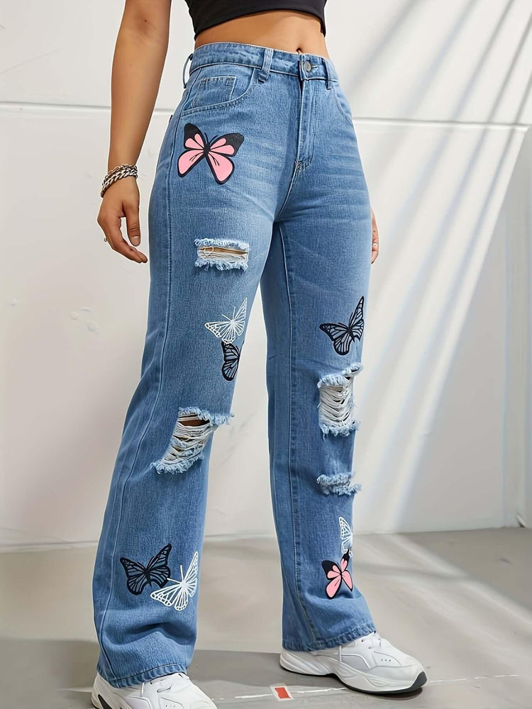 High Waisted Straight Leg Jeans For Women Trendy Butterfly Print Ripped Distressed Denim Pants.