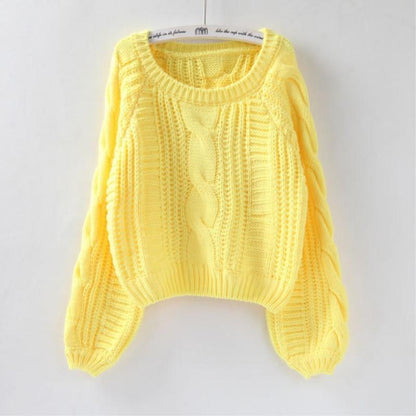 Pullover Loose Thick Line Short Puff Sleeve Sweater.
