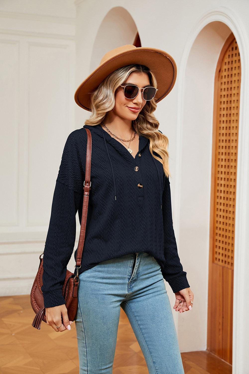 Half-Button Dropped Shoulder Hoodie.