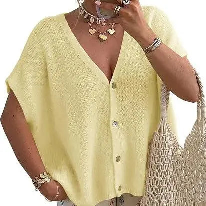Short Sleeved V-neck Single Breasted Cardigan Sweater