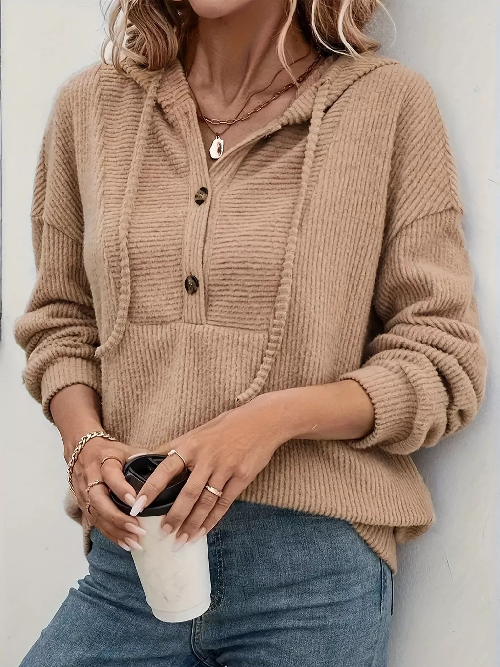 Button-Front Drawstring Hoodie.