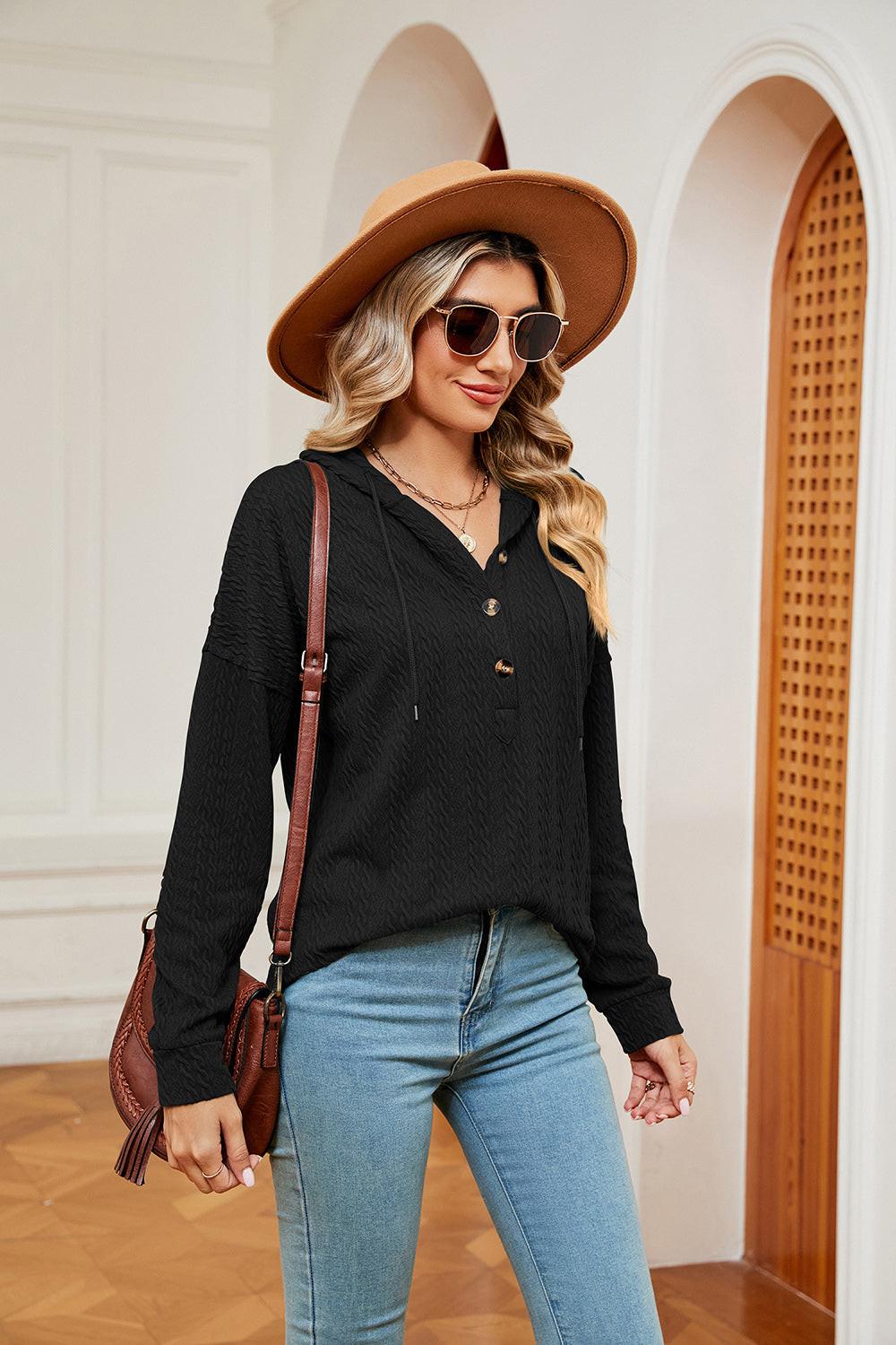 Half-Button Dropped Shoulder Hoodie.