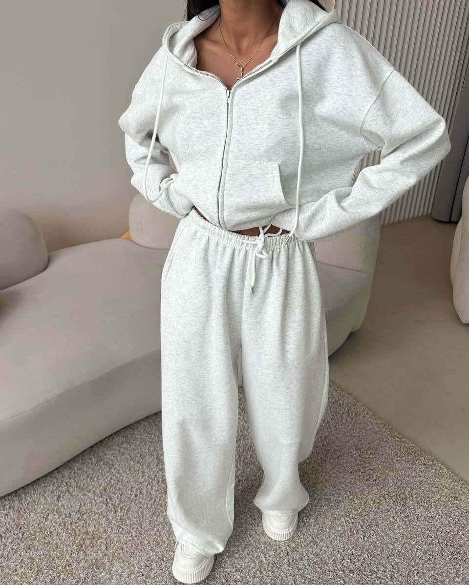 European And American Solid Color Long Sleeve Zipper Cardigan Hoodie Lace-up Trousers Two-piece Set.
