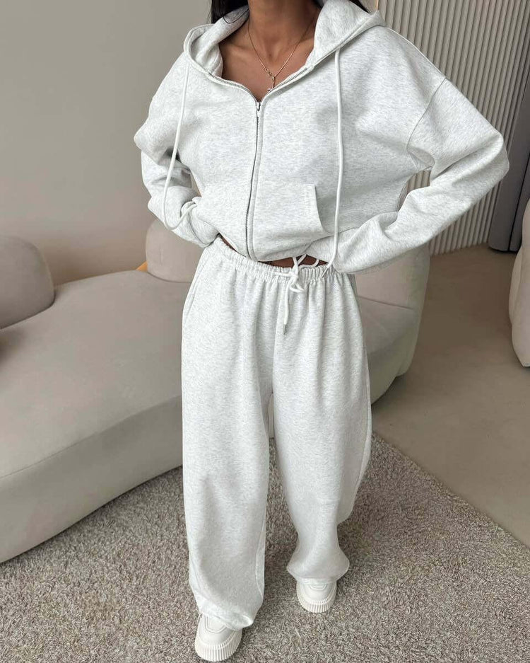 European And American Solid Color Long Sleeve Zipper Cardigan Hoodie Lace-up Trousers Two-piece Set.