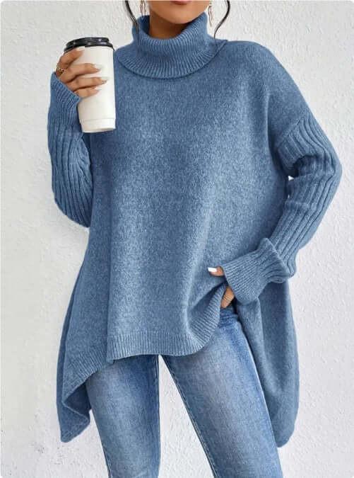 Irregular Turtleneck Sweater Winter Loose Long Sleeve Knitted Tops Leisure Warm Pullover Sweater Women&