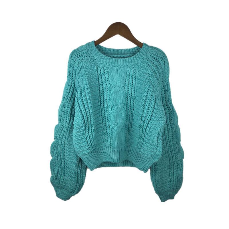 Pullover Loose Thick Line Short Puff Sleeve Sweater.