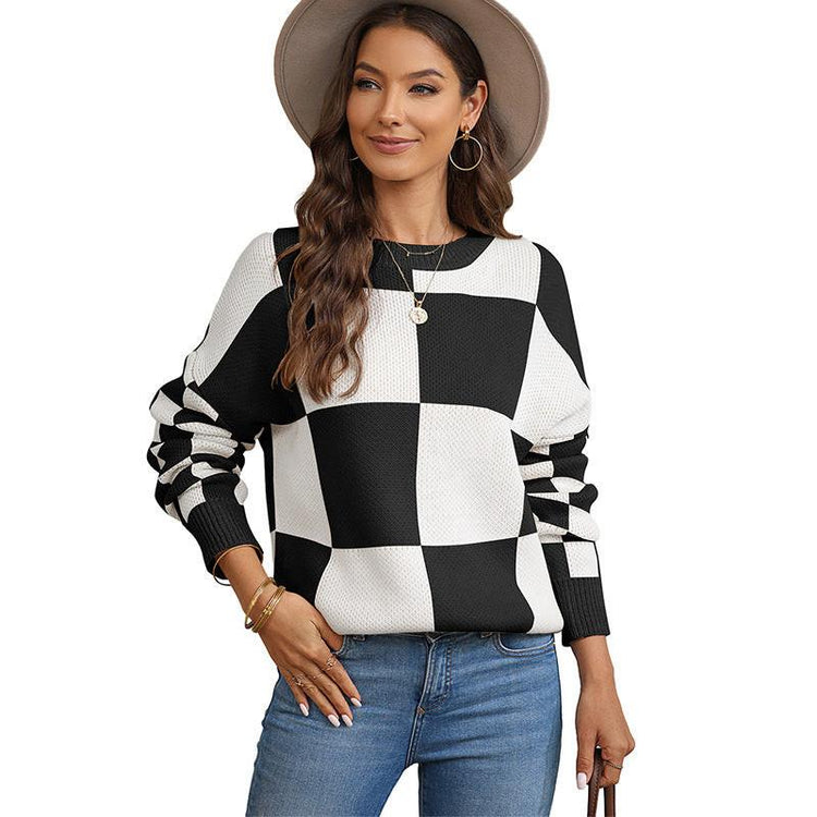 Thickened Pullover Women European And American Leisure Plaid Block Stitching Long Sleeve Sweater Women.