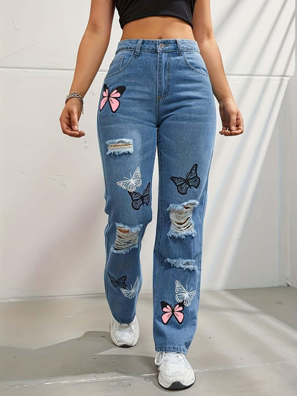 High Waisted Straight Leg Jeans For Women Trendy Butterfly Print Ripped Distressed Denim Pants.