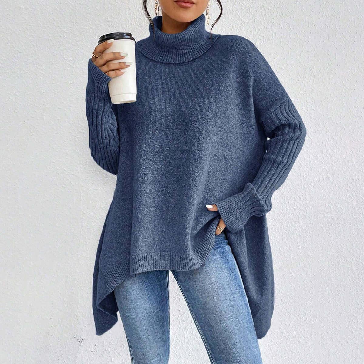 Irregular Turtleneck Sweater Winter Loose Long Sleeve Knitted Tops Leisure Warm Pullover Sweater Women&