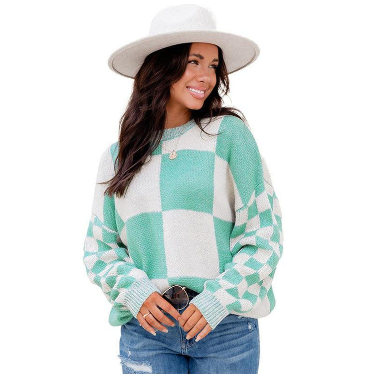 Thickened Pullover Women European And American Leisure Plaid Block Stitching Long Sleeve Sweater Women.