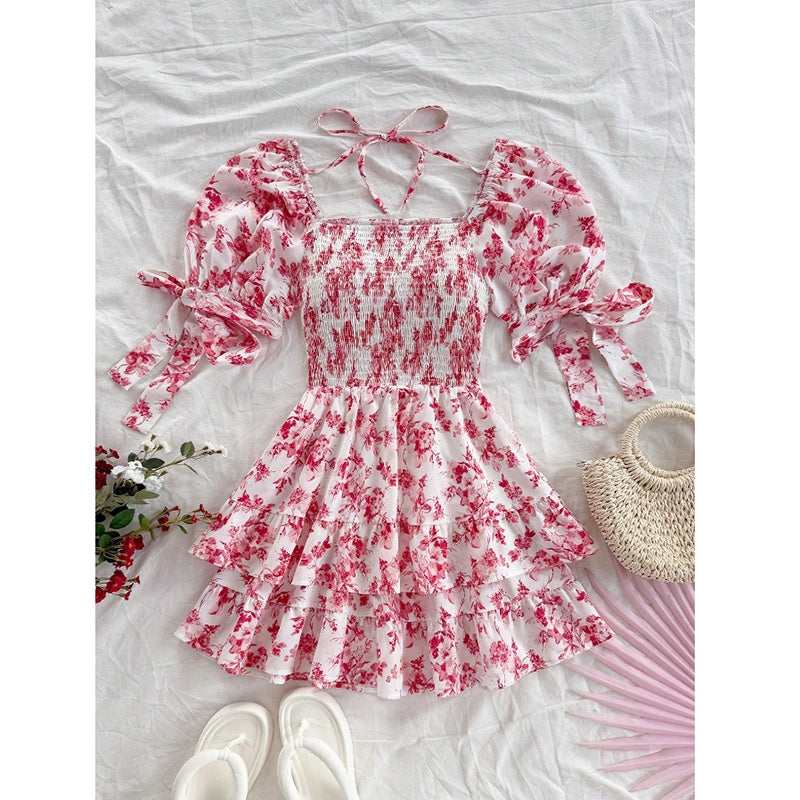Women's Puff Sleeve Square Neck Smocked Dress Boho Floral Print Off Shoulder Ruffle Mini Short Dress