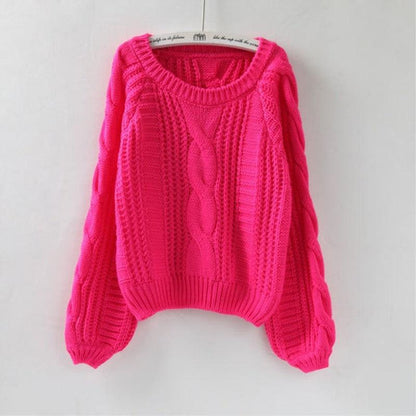 Pullover Loose Thick Line Short Puff Sleeve Sweater.