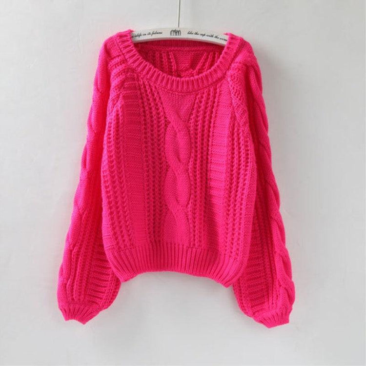 Pullover Loose Thick Line Short Puff Sleeve Sweater.