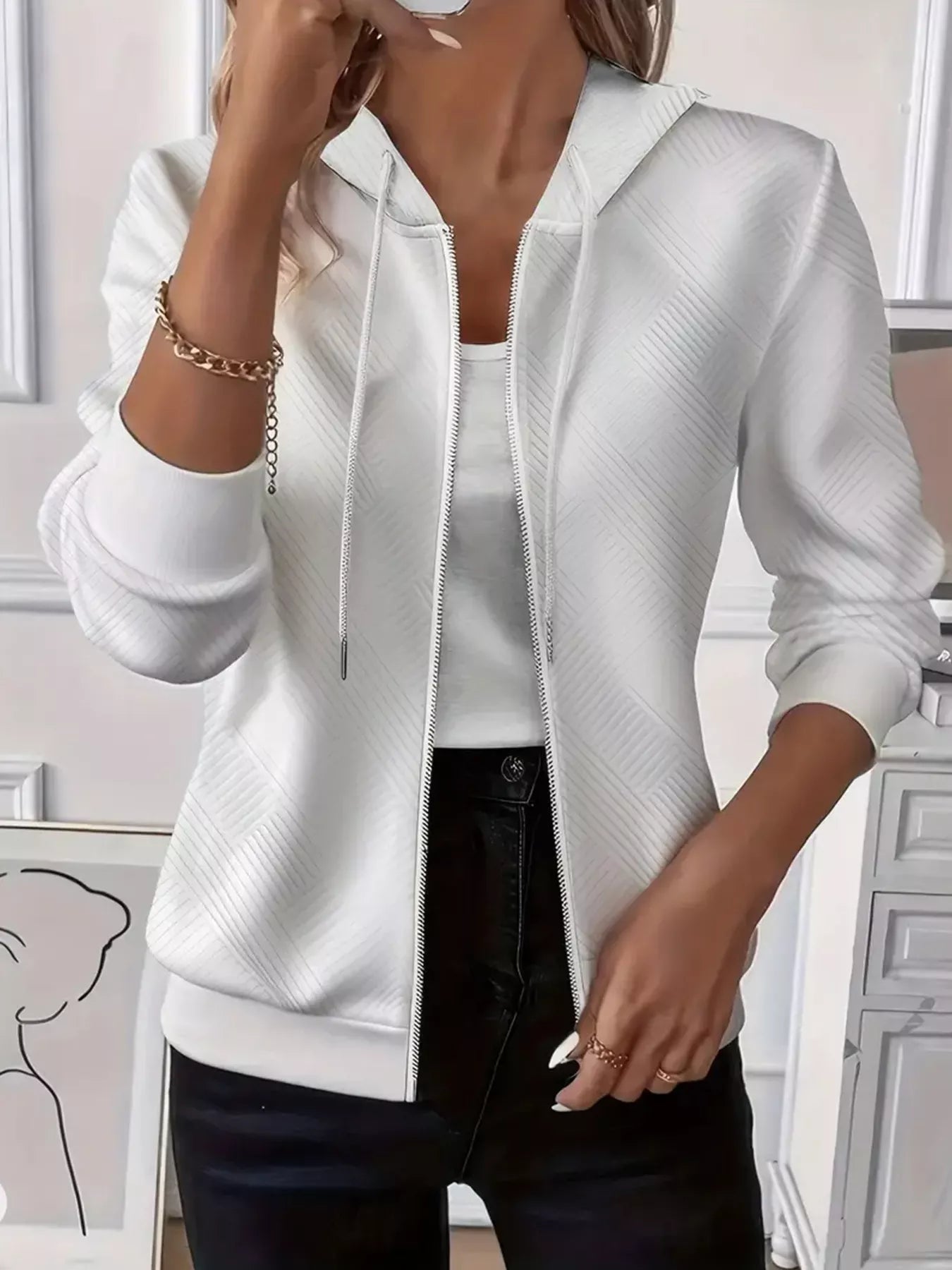 Texture Zip-Up Hoodie with Drawstring.