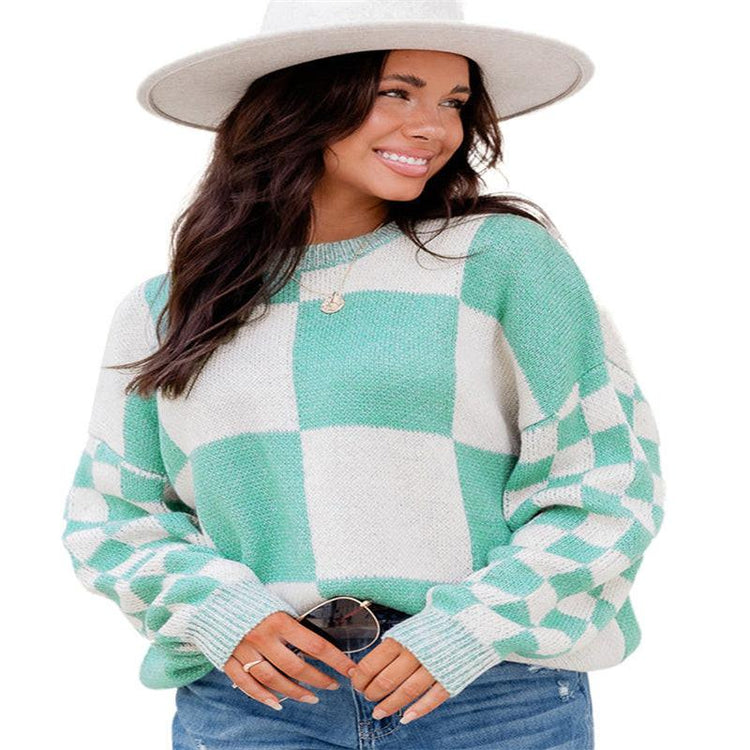 Thickened Pullover Women European And American Leisure Plaid Block Stitching Long Sleeve Sweater Women.