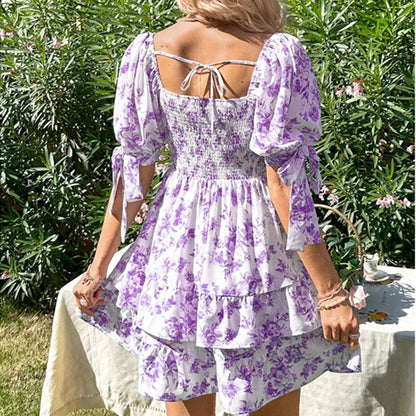 Women's Puff Sleeve Square Neck Smocked Dress Boho Floral Print Off Shoulder Ruffle Mini Short Dress