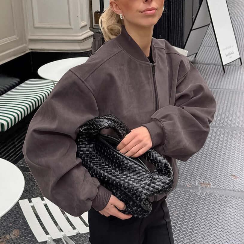 Suede American High Street Stand Collar Long Sleeve Bomber Zip Jacket.