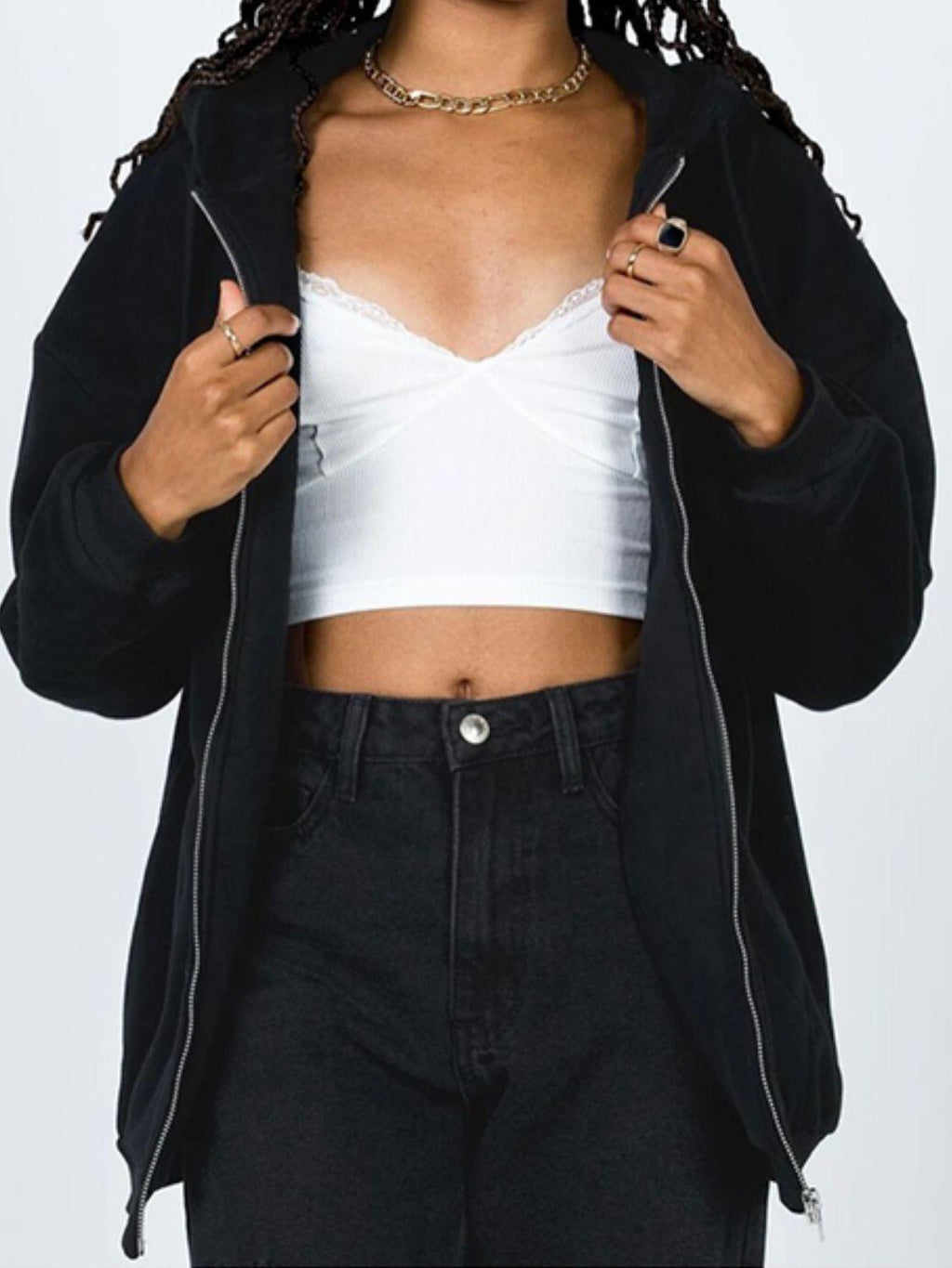 Zip-Up Drawstring Hoodie.