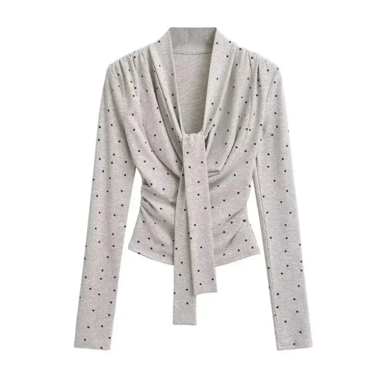 Women's Polka Dot Print Swing Collar Lace-up Long Sleeve