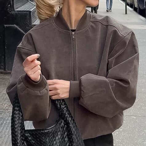 Suede American High Street Stand Collar Long Sleeve Bomber Zip Jacket.